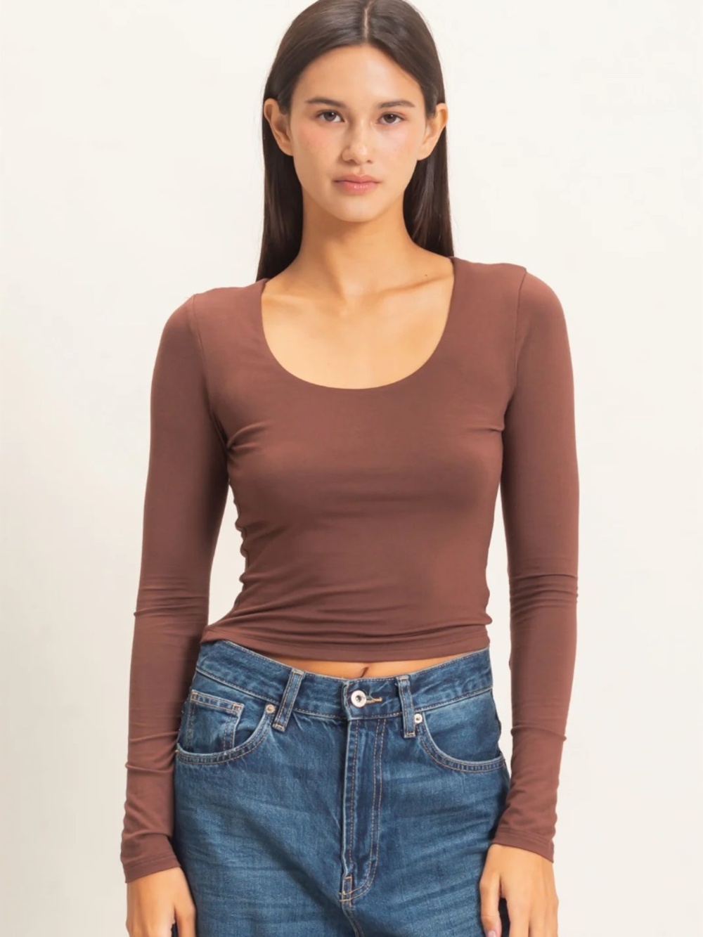 NEW 🤎 Double Zero Chocolate Brown Scoop Neck Long Sleeve Tee – Medium